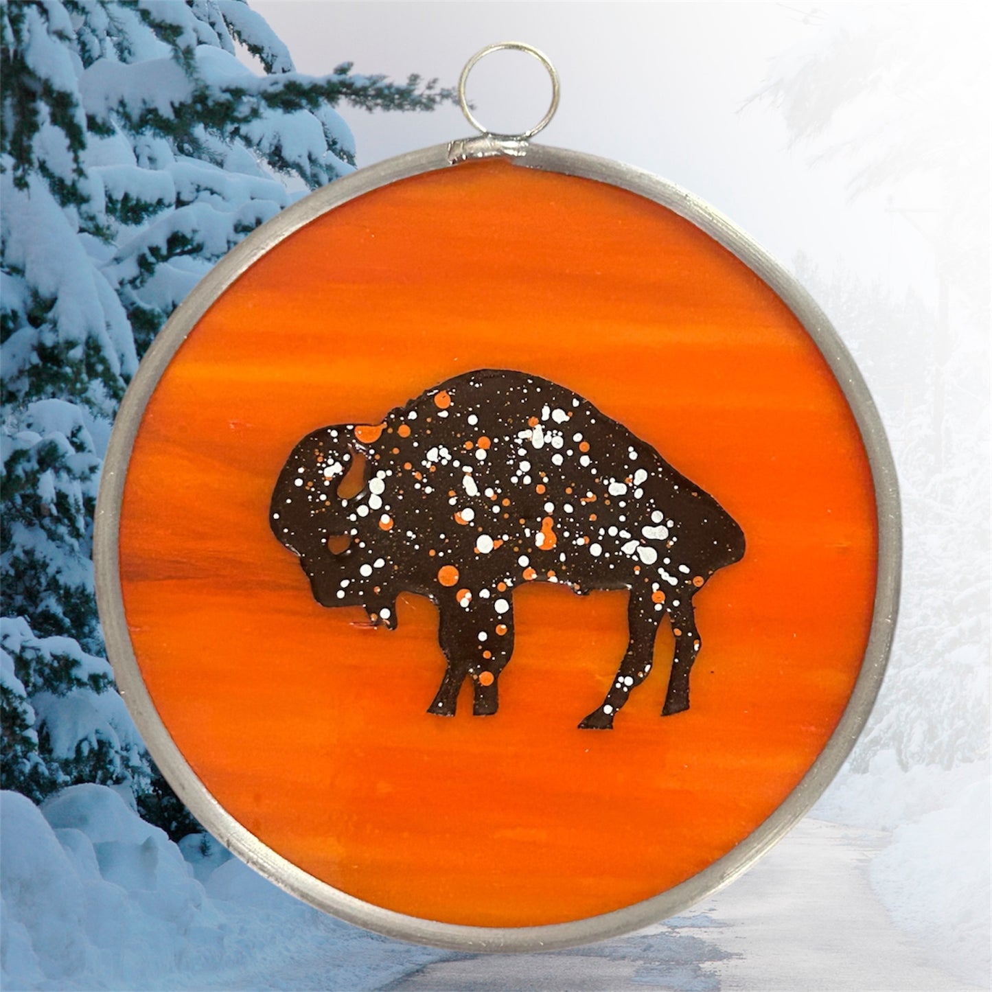 Buffalo Bandits Stained and Etched Glass Handmade Buffalo Suncatcher/ Ornament